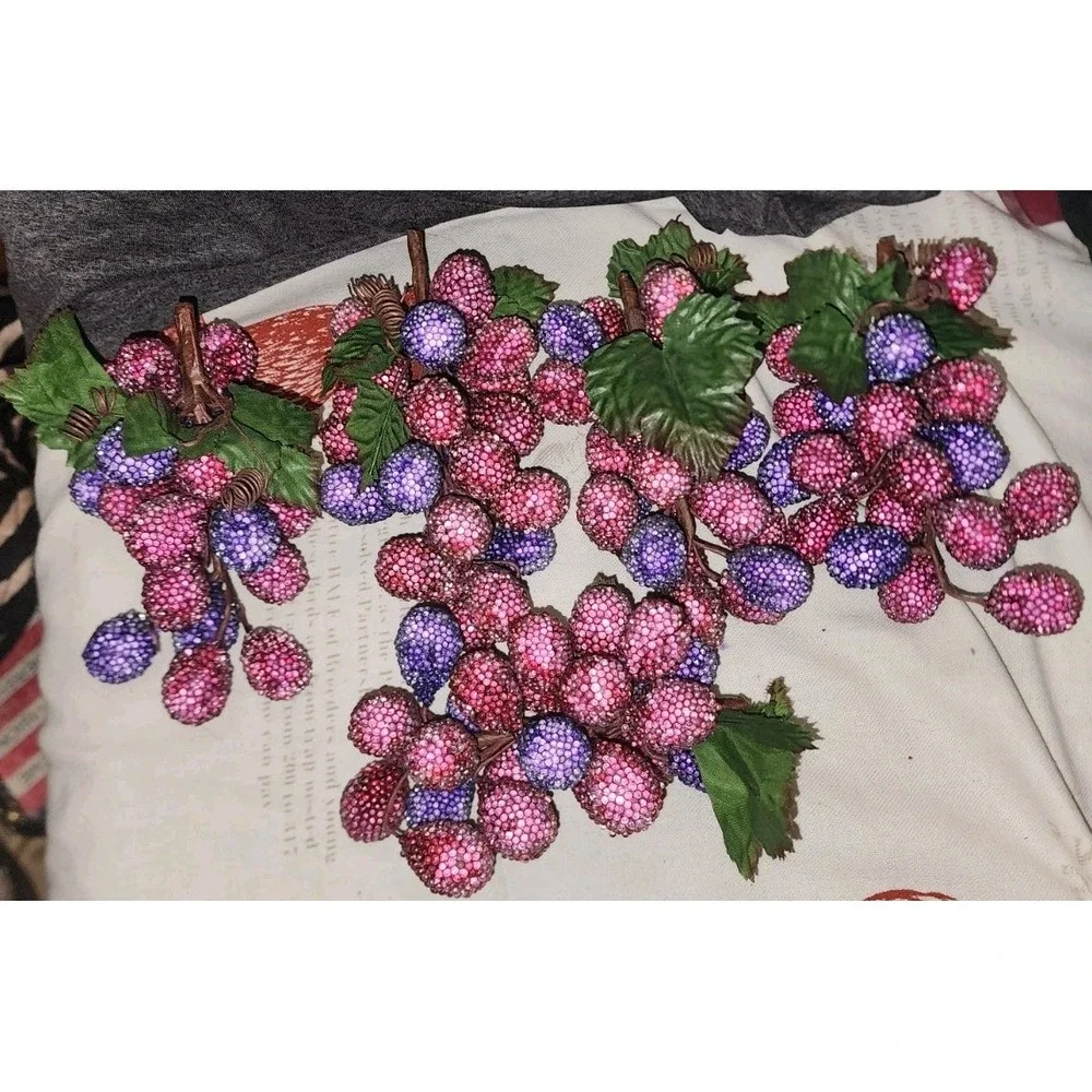 Vtg Pier 1 Lot Of 5 Bunches of Sugared Beaded Grapes Red Purple Fruit Faux